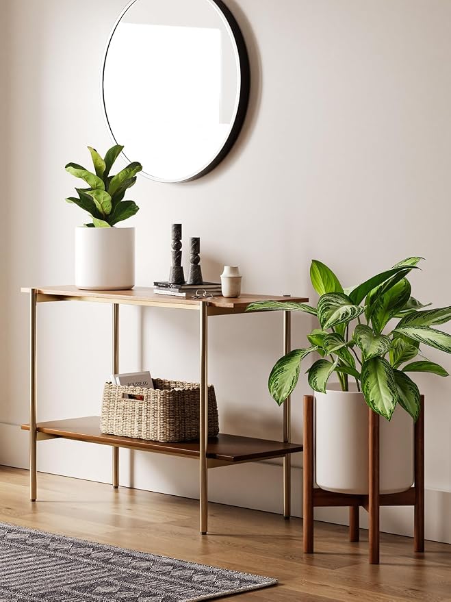 LE TAUCI Indoor Planter with Stand, 10 + 8 Inch, Set of 2, Ceramic Pot for Indoor Plants with Acacia Wood Holder, Mid-Century Modern Home Decor, Round Flower Pots with Drainage Hole, White