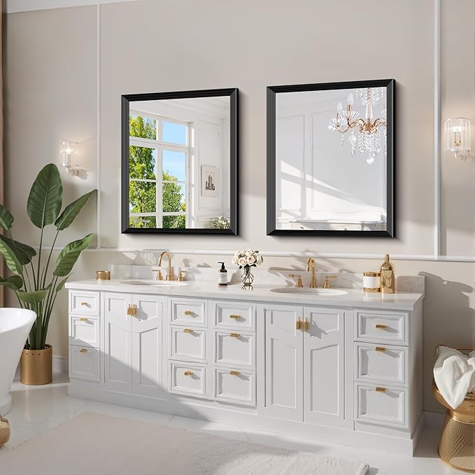 Black Bathroom Mirror 30 x 36 Inch Rectangle Wave Beveled