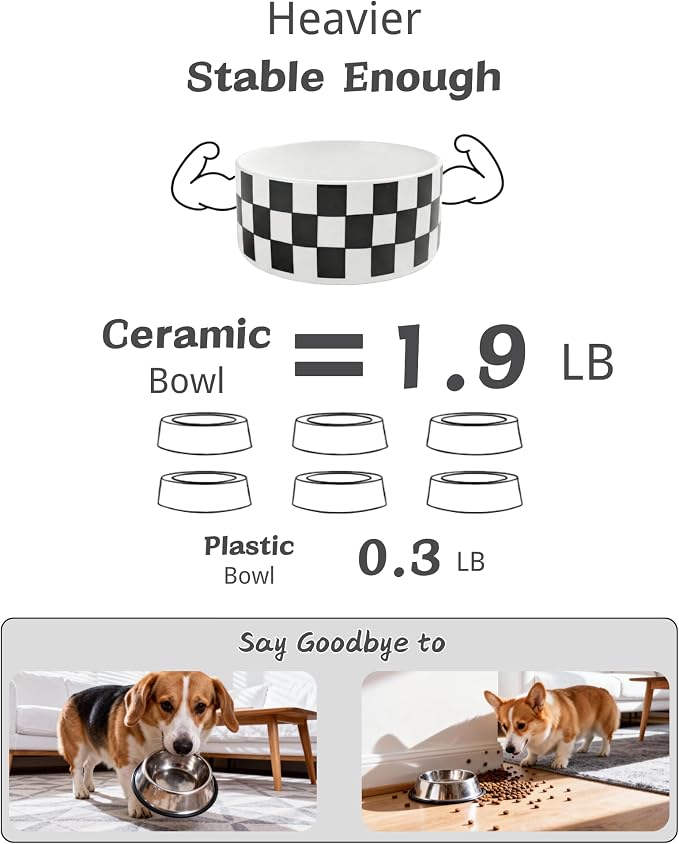 TRUVIC Ceramic Dog Bowl Set of 2 with Wood Stand, Black and White Checkered & Striped Dog Food and Water Bowl Set, 3.5 Cup/28 oz Elevated Puppy Food Bowls for Medium Dogs, Dishwasher Safe