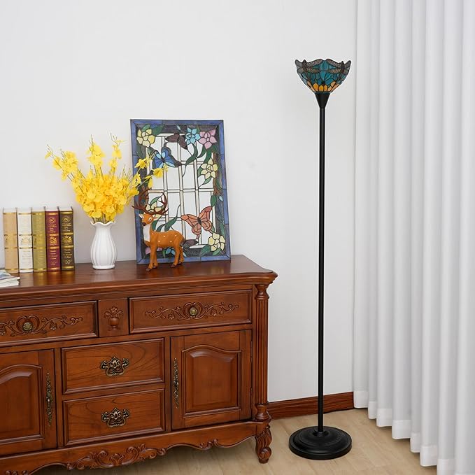 Tiffany Floor Lamp Tochiere Standing Green Dragonfly Style Stained Glass Floor Light Vintage Tall Pole Uplight Lamp Rustic Corner Lamp with Foot Switch for Home Decor Living Room Bedroom