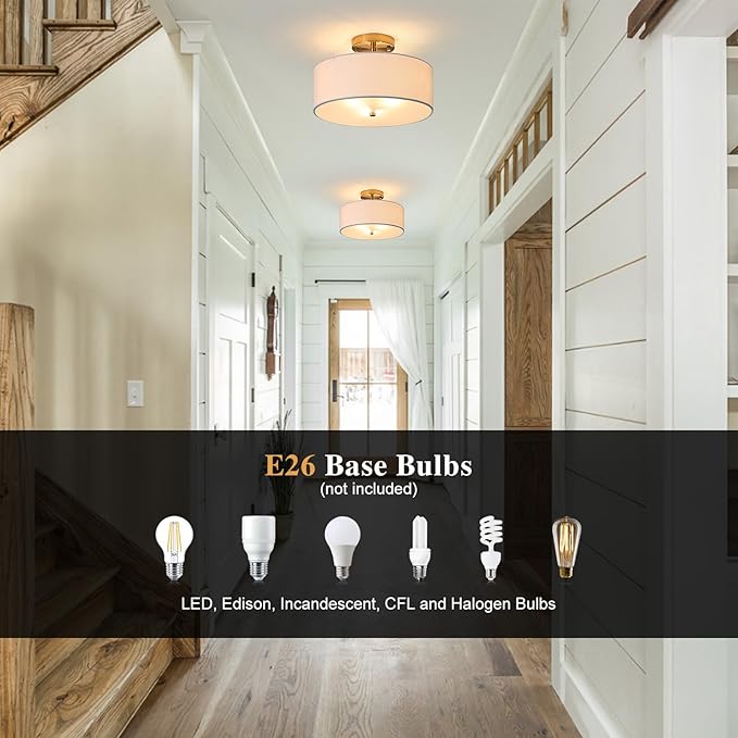 12.6" Semi Flush Mount Ceiling Light Fixture, 3 Light Gold Drum Light Fixtures with White Fabric Shade, Modern Close to Ceiling Lighting for Living Room, Bedroom, Hallway, Entry, Foyer
