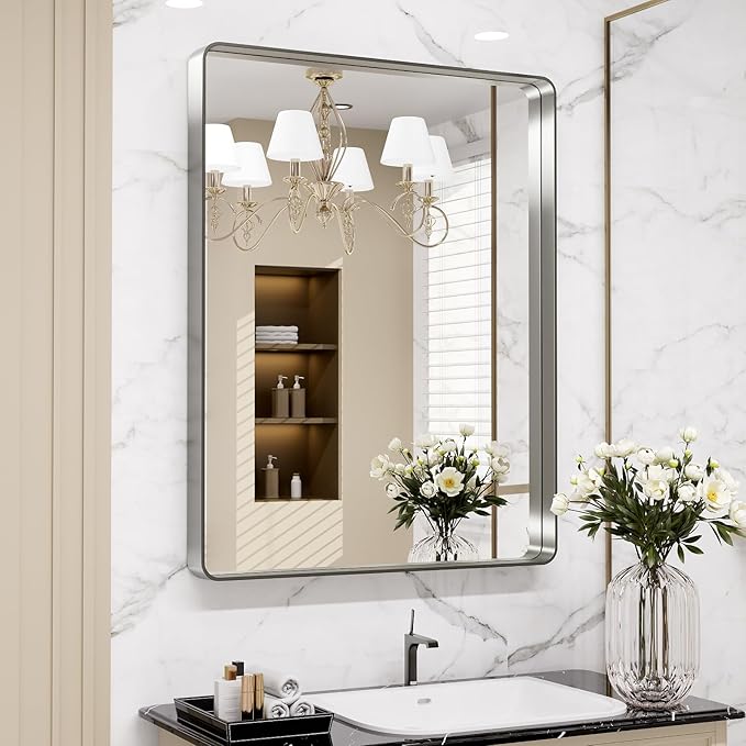 LOAAO 24X32 Inch Brushed Nickel Bathroom Mirror, Rounded Rectangle Silver Metal