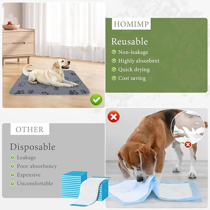 Homimp Washable Pee Pads for Dogs,4 Pack Reusable Puppy Pads,Absorbent and Leakproof Dog Pee Pads,Non Slip Puppy Training Pads,Pet Mat for Floor,Crate,Couch,Whelping,Grey 18"x24"