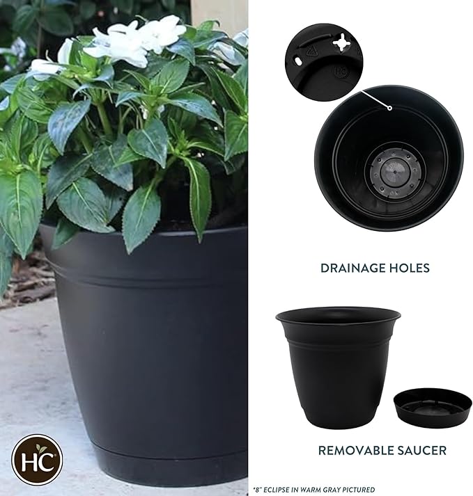 The HC Companies Eclipse Round Planter with Saucer - Outdoor & Indoor Plant Pot with Drainage Holes - Lightweight, UV-Resistant Plastic Pots for Plants, Flowers & Herbs (6" Black, Pack of 1)