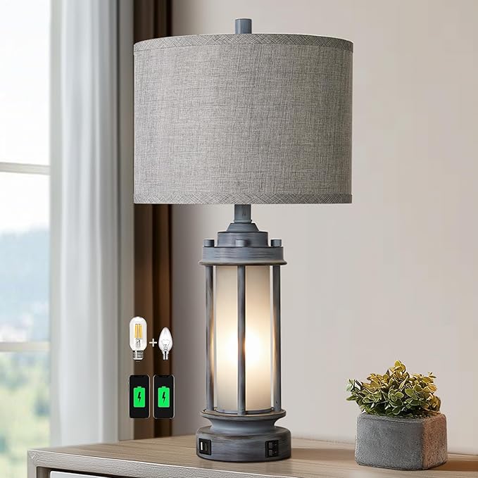 Rustic Table Lamp for Bedroom Living Room with 2 USB Ports, Farmhouse Vintage Nightstand Lamp 25'' with Light Green Glass Nightlight, Antique Retro Desk Lamp for Entryway, 2 Bulbs Included