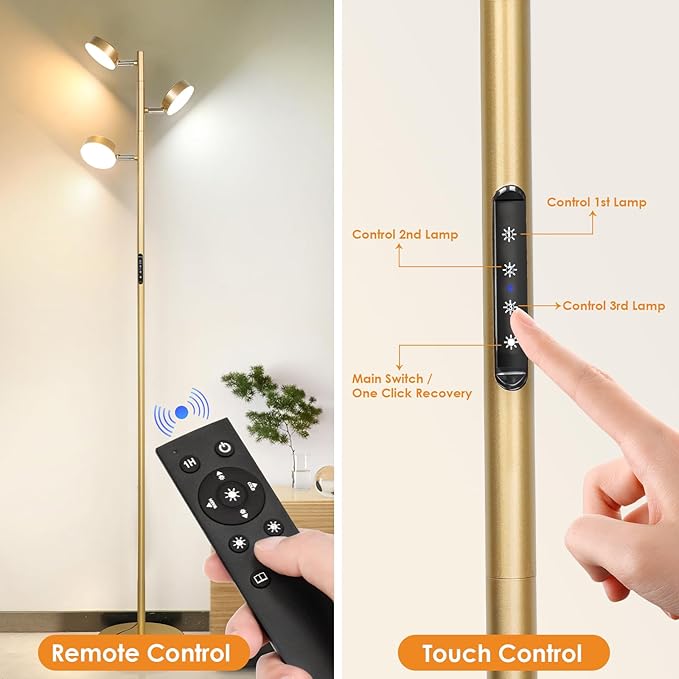Gold Floor Lamp for Living Room with Remote Modern Tall Standing Lamp Dimmable LED Brass Tree Floor Lamps with 3 Adjustable Heads Touch Control 4 Color Temperatures for Bedroom Office Reading
