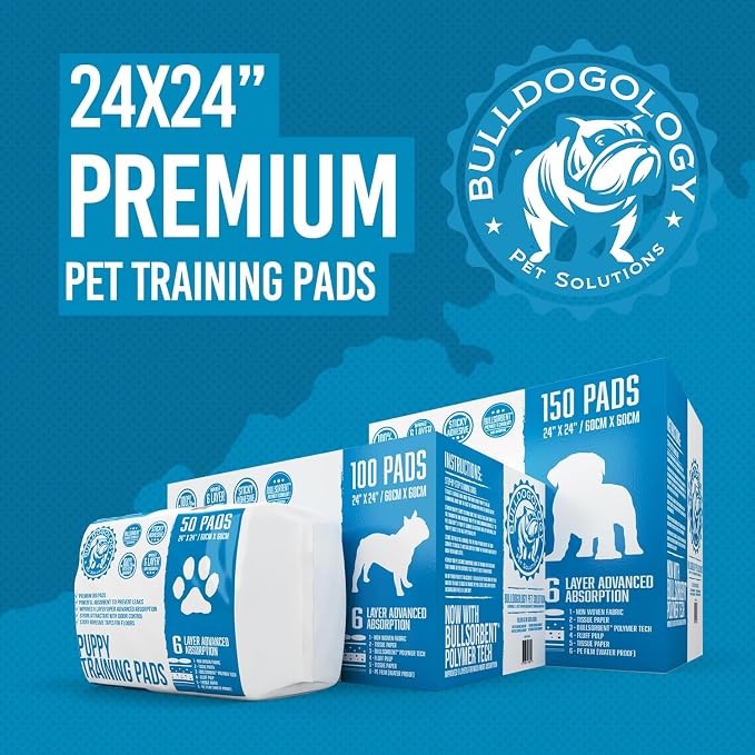 Puppy Pee Pads with Adhesive Sticky Tape (24x24) Large Premium Dog Pads - 6 Layer Dog Training Pads and Pet Wee Pads with Quick-Dry Bullsorbent Tech (150-Count, White)
