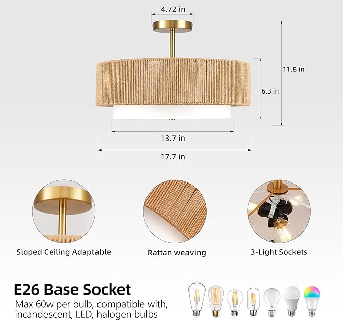 Boho Semi Flush Mount Ceiling Light Rattan Ceiling Light 18" Farmhouse Ceiling Lamp with Natural Hemp Rope Fabric Lampshade for Dining Room Living Room Bedroom Kitchen