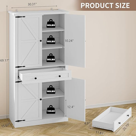 Pantry Organizers and Storage Cabinet, 70” Barn Door White Kitchen Cabinet