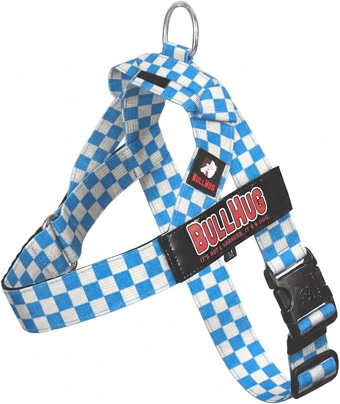 Adjustable Dog Harness– No Pull, No Choke – for English Bulldogs, French Bulldogs, Pugs & Broad-Chested Breeds – Easy, Safe Walks (Blue Checkers, XL)