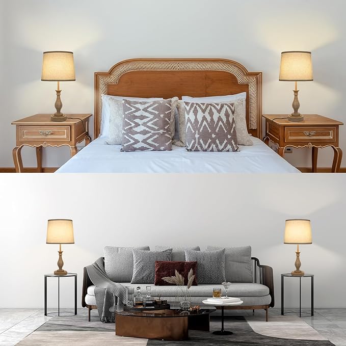 Touch Lamps for Bedrooms Set of 2, Farmhouse Table Lamp with Dual USB Charging Ports, 3 Way Dimmable Nightstand Lamps with Linen Fabric Lampshade for Bedroom (Pack 2-Beige Shade & Antique Brown)