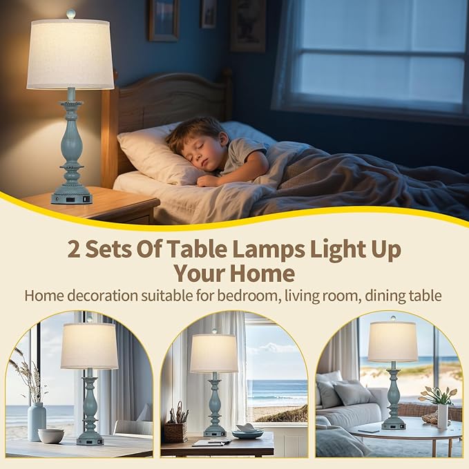 28" Tall Coastal Table Lamps for Living Room Set of 2, Farmhouse Rustic Blue Bedside Touch Lamp with USB C+A Ports & Outlet, 3-Way Dimmable Resin Nightstand Lamps for Bedroom Side End Table
