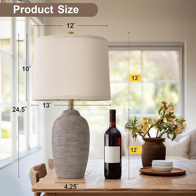 24.5" Handcrafted Ceramic Table Lamp - Single Farmhouse Vintage Rustic Bedside Lighting for Living Room, Bedroom, Entryway | Nightstand & End Table Decor with Linen Shade (Bulb Not Included)