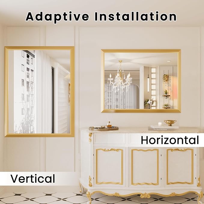 Amorho Bathroom Mirror, 24x36 Inch Golden Thick Metal Framed Wall Mirrors