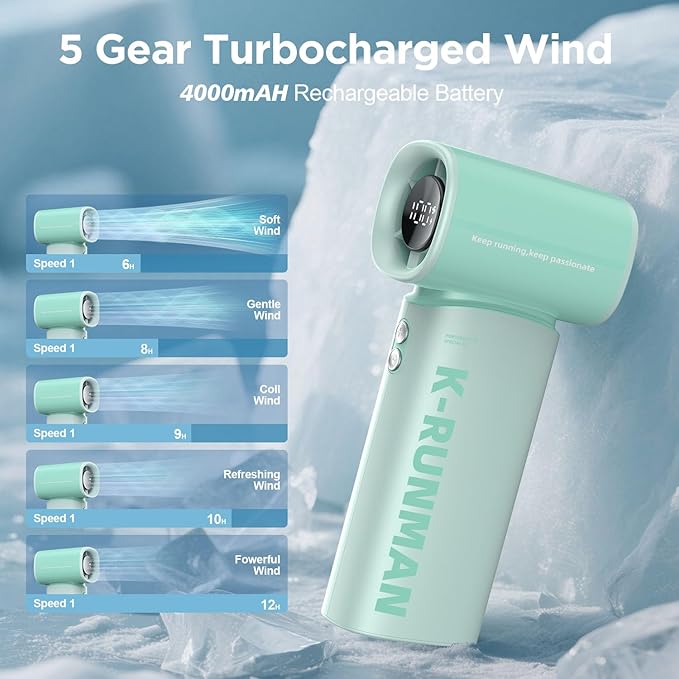 K-RUNMAN Portable Handheld Turbo Fan, 100 Speeds Adjustable Mini Personal Fan
