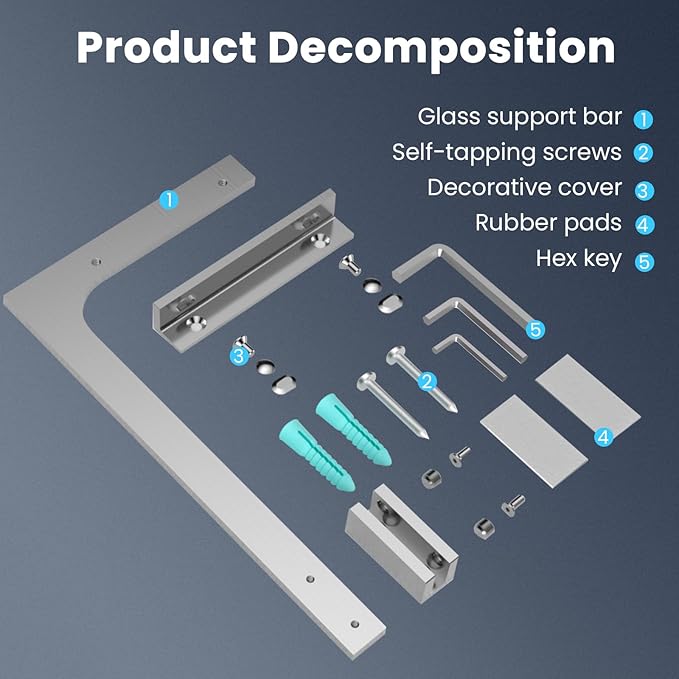 Shower Glass Support Bar, Both Sides Available, Frameless Bathroom Glass Clamp