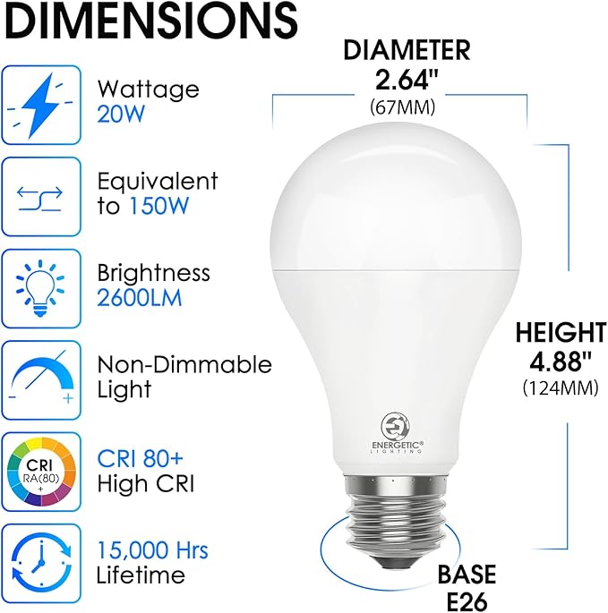 4 Pack 150 Watt Equivalent LED Light Bulb, Super Bright A21 Light Bulb, Cool White 4000K, 2600 High Lumens LED Bulb, Non-Dimmable, E26 Base, UL Listed