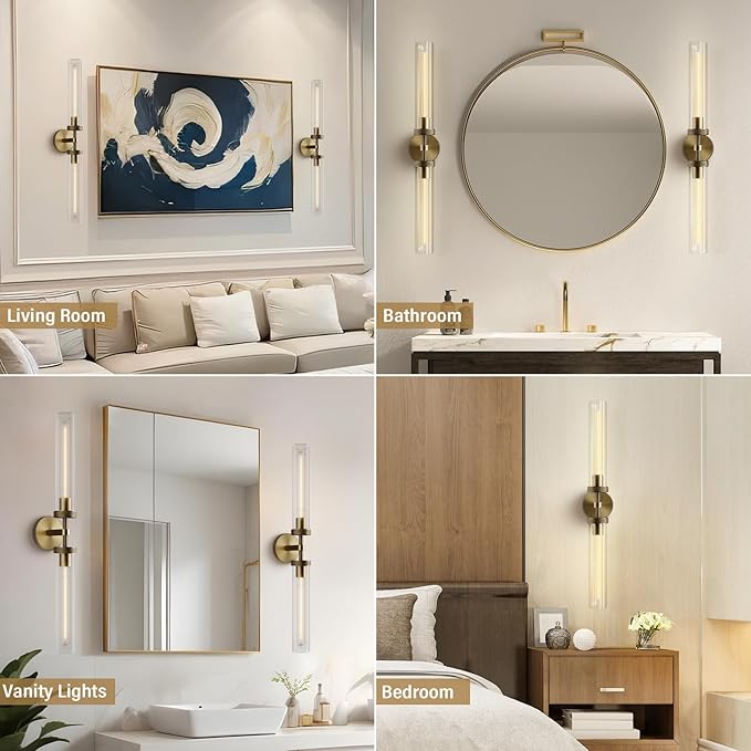 Brass Wall Sconces, 30in Gold 2-Light Double Glass Sconces Wall Lighting, Bathroom Knurled Vanity Light Sconces, Wall Lights for Living Room Bedroom(Including Bulb)
