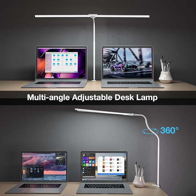 LED Desk Lamp, 31.5'' Wide Double Head Desk Lamps for Home Office, Dimmable 25 Lighting Modes 16W 1800lm Bright Desk Lighting, Eye Caring Architect Table Lamp for Workbench Monitor Study, White