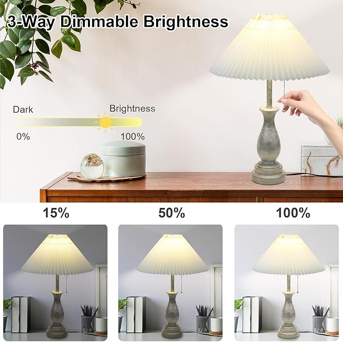Farmhouse Table Lamp with Pull Chain Switch Control 3-Way Dimmable Table Lamp, Modern Nightstand Lamp Bedside Desk Lamp with Fabric Shade for Living Room Bedroom Hotel (Pack 1-Folding lampshade)