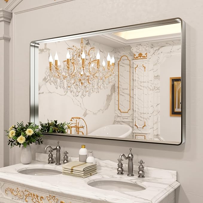 LOAAO 60X28 Inch Brushed Nickel Bathroom Mirror, Rounded Rectangle Silver Metal