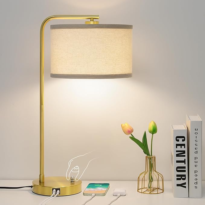 Fully Dimmable Bedside Lamp with C+A USB Ports, Mordern Gold Nightstand Lamp Desk Reading Lamp with Beige Drum Shade, Tall Side Table Lamp for Living Room Bedroom Office, 9W LED Bulb Included