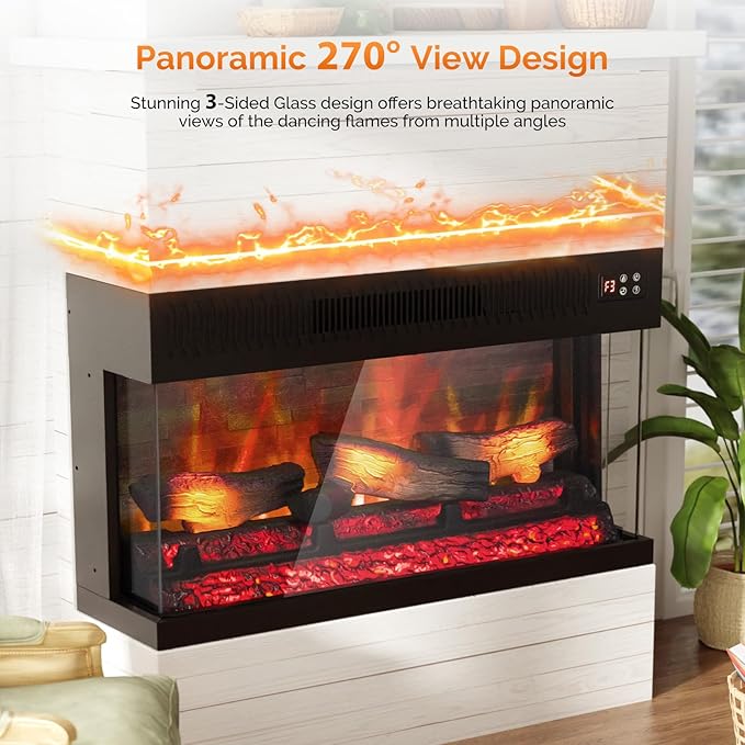 ROVSUN 1400W 3-Sided Glass Electric Fireplace Insert w/Remote Control, CSA