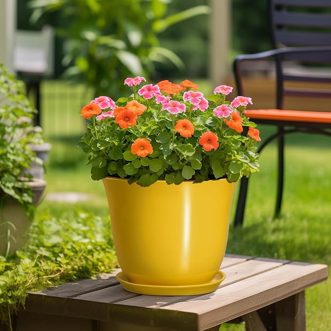 12 Inch Plant Pot - Ceramic Plant Pots with Drainage Hole and Saucer, Large Round Planter for Indoor Outdoor, Modern Flower Pot, Decorative Planters, Home Garden Decor, Garden Gifts, Yellow
