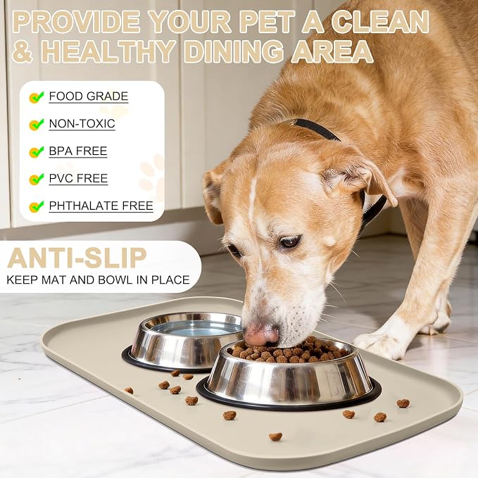 SMILOOL Waterproof Silicone Pet Food Mat with Raised Edge for Dog & Cat | 24" x 16" Non-Slip Pet Feeding Mats with Lip for Food & Water Bowl, Food Grade, Easy Cleaning, Beige