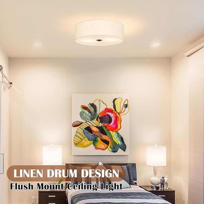 12.6 Inch Flush Mount Ceiling Light 2-Light Drum Modern Black Light Fixture Ceiling Light Fixture Close to Ceiling Light Fixture with Fabric Shade for Living Room Hallway Entryway Kitchen Bedroom