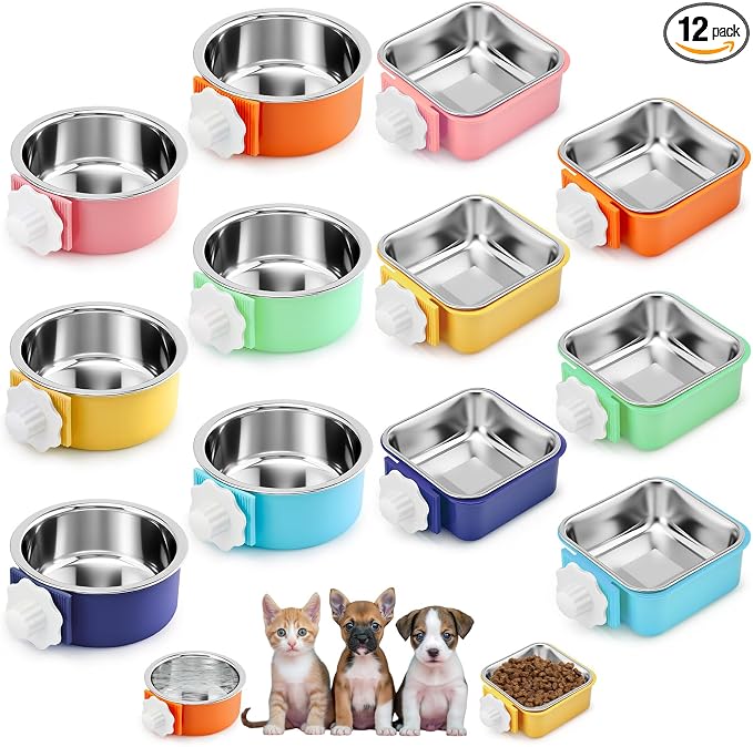 LemonRoad 12 Pcs Dog Crate Water Bowl Bulk No Spill Hanging for Kennel Removable Stainless Steel Puppy Food Water Feeding Bowls Cage Coop Cup for Dogs Cats Rabbits Birds Ferret(Mixed Style)