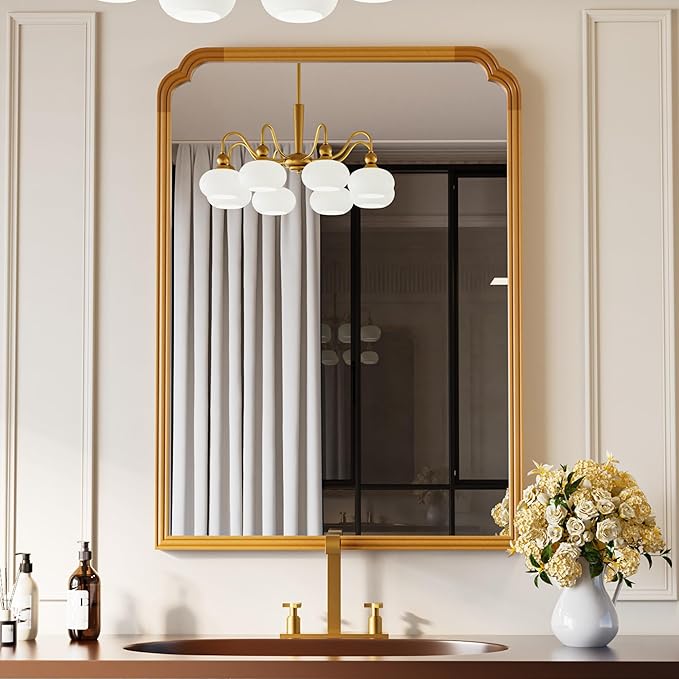 30" x 40" Wood Bathroom Mirror for Over Sink, Rustic Rounded Corner Vanity