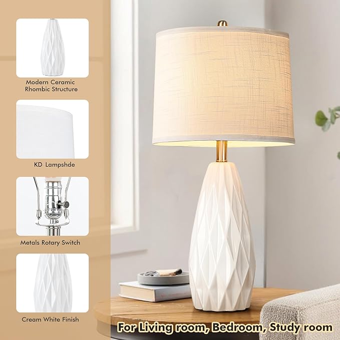25'' Table Lamp White Table Lamps Modern Ceramic Lamps for Night Stand - Dimmable Bedside Lamps for Nightstand, Bedroom Lamp for Living Room Desk End Table Office Guest Room