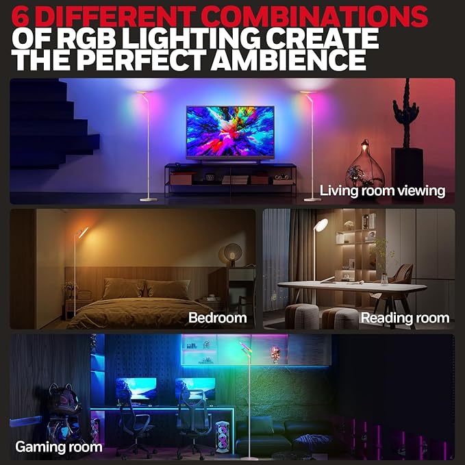 Honeywell 3000LM LED Floor Lamp, Torchiere Floor Lamps with Remote Control, F2 Sunturalux™ 40W Eye-Caring Reading Light, 2700-5000K 6 RGB Modes RGB Standing Lamp for Bedroom Living Room Office White