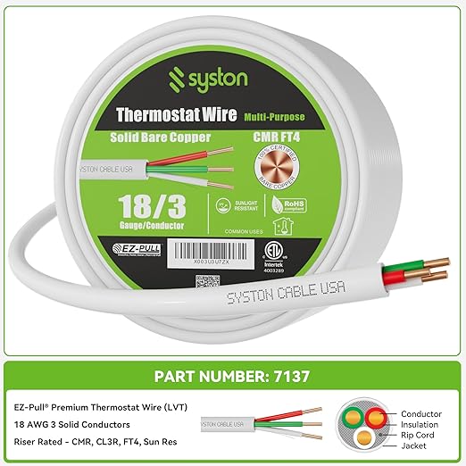 Syston 18/3 Thermostat Doorbell HVAC Heating Control Cable Wire, 18 AWG 3