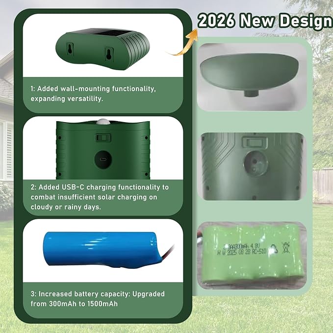 2026 Upgraded Ultrasonic Solar Animal Repellent Outdoor,USB-C Charging and Wall-Mounting Capability with Motion Activated,for Deer Cat Squirrel Raccoon Rabbit Dog Garden Yard