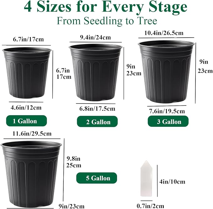 50 Pack 1 Gallon Flexible Plant Nursery Pots Plastic Seedling Starting Pots with Drainage Holes Soft Flower Pots Plant Container with Plant Labels, Black