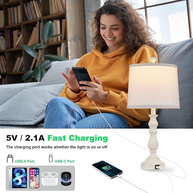 23'' Farmhouse Table Lamps for Living Room Set of 2 with USB C+A Ports, Retro Bedside Lamp for Bedroom, Office, Dining Room, Knob Switch, 3 Color Temperatures, Bulb Included, Beige