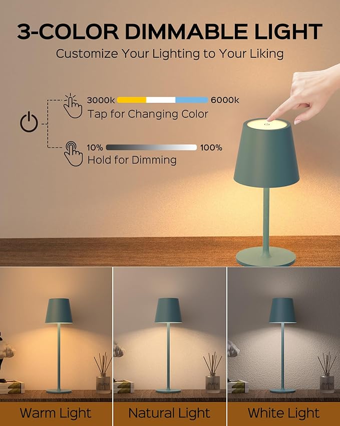 Cordless Table Lamps Rechargeable, 3 Adjustable Height, 5000mAh Battery Operated, 3 Colors Smooth Dimming, Portable LED Waterproof Table Lamp for Kitchen, Bedroom, Outdoor (2 Pack-Lake Blue)