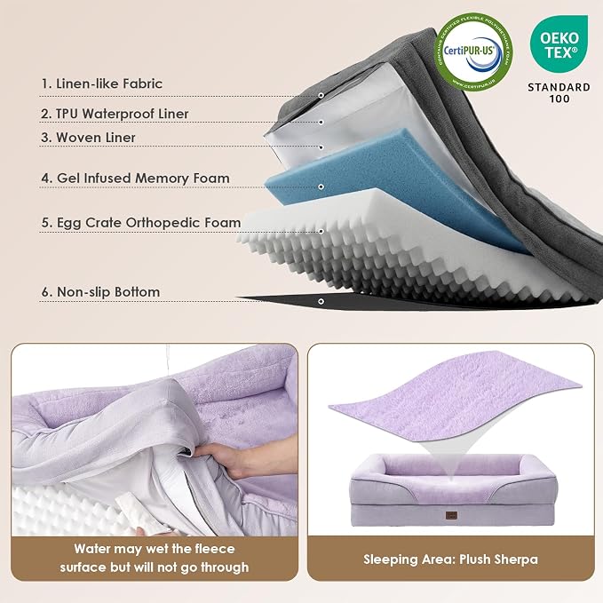 EHEYCIGA Orthopedic XL Dog Bed for Large Dog, Memory Foam Dog Couch, Purple | 48x35 Inch Extra Large Sized Dog Sofa with Sides, Waterproof Liner & Washable Removable Cover, Bolster Pet Couch
