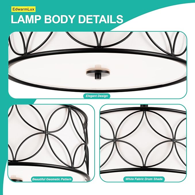 3-Light Semi Flush Mount Ceiling Light, 16" Drum Light with Fabric Shade, Modern Close to Ceiling Lamp for Living Room Bedroom Dining Room Kitchen Hallway Entry Foyer (Black)