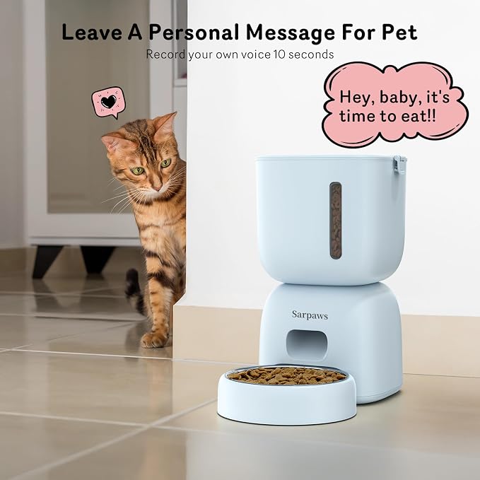 Automatic Cat Feeder and Water Dispenser FW1, Wire or Battery Cat Food Dispenser Timer Pet Feeder - Locking Lid, Desiccant Bag, Programmable Portion Control, 4 Daily Meals, 10s Voice Recorder-Blue