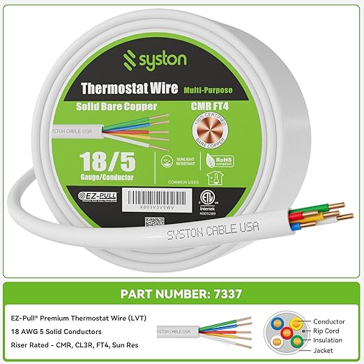 Syston 18/5 Thermostat Doorbell HVAC Heating Control Cable Wire, 18 AWG 5