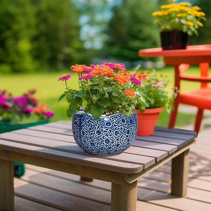 Ceramic Pots for Plants - 8 Inch Round Planter with Drainage Hole, Round Decorative Plant Pots for Indoor Outdoor, Modern Unique Flower Pot, House Living Room Decor, Home Gifts, Blue