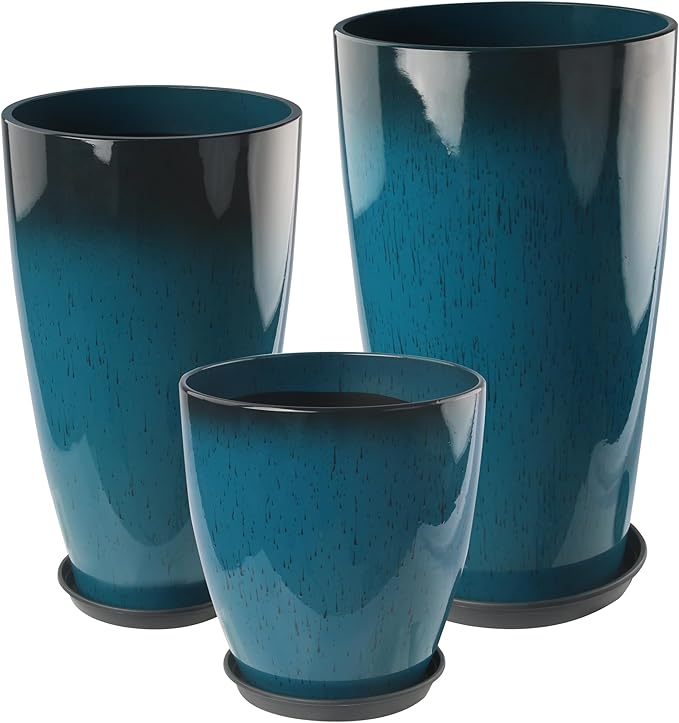24-21-11 Inch Tall Planters Set of 3, Indoor Outdoor Blue Glossy Round Planter with Drainage Hole and Saucer, Large Decorative Plant Pots for Home Garden Porch (Blue)