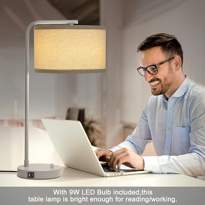 Table Lamp with USB C+A Ports, Fully Dimmable Nightstand Lamp for Living Room, Modern Grey Bedside Lamp, Tall Table Lamp with Beige Shade Minimalist Desk Lamp for Bedroom Office, LED Bulb Included