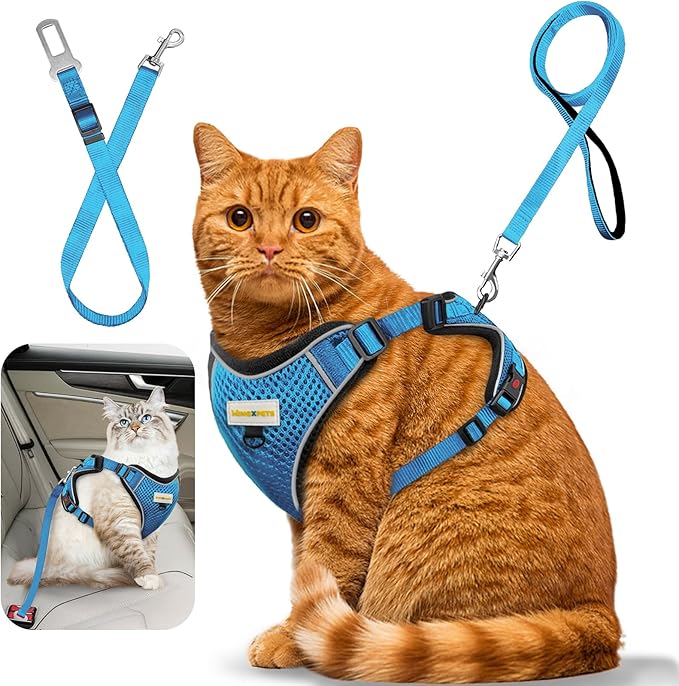 Cat Harness and Leash for Walking, Retractable Cat Harnesses and Leash Set Escape Proof, Breathable Soft Kitten Small Large Harness for Travel Training and Walking, Blue, XS