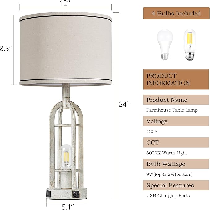 Farmhouse Table Lamps for Living Room Set of 2 - Rustic Industrial Lamps for Night Stands with Night Light & USB A+C, 24" Vintage Bedside Lamp for Bedroom, Bulbs Included