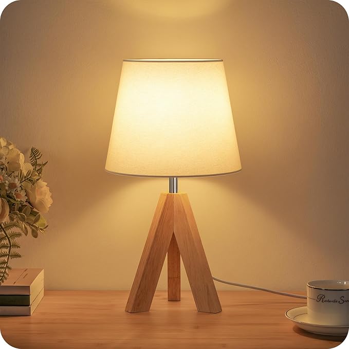 Small Tripod Table Lamp, Modern Nightstand Lamp with Fabric Shade, Boho Bedside Wood Desk Light for Bedroom, Kids Room, Living Room, Office, Study, White, W51TL05