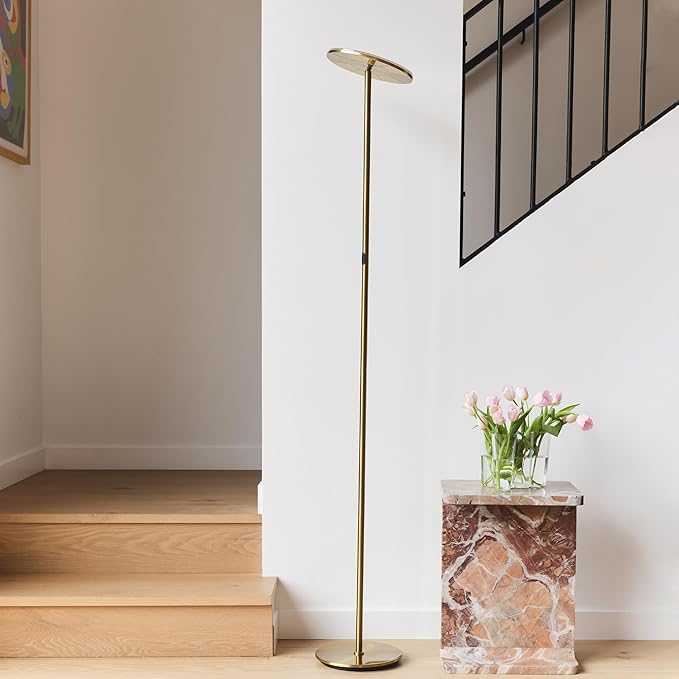 Brightech Sky LED Floor lamp for Living Rooms & Offices -Torchiere Super Bright , Dimmable, Tall Standing Lamp for Bedroom Reading - Gold Brass